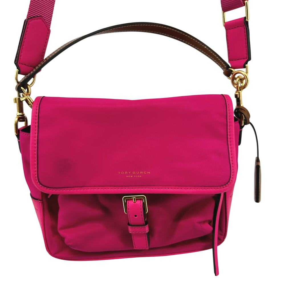 Tory Burch Perry Nylon Crossbody Bag Logo Charm Strap Leather Trim Pink One Size - Picture 2 of 10